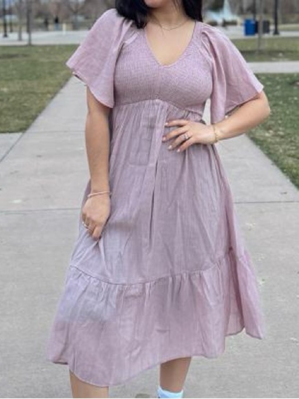 NWT Kranda Women’s Dusty Rose Short-Sleeve Smocked Tiered Midi Dress